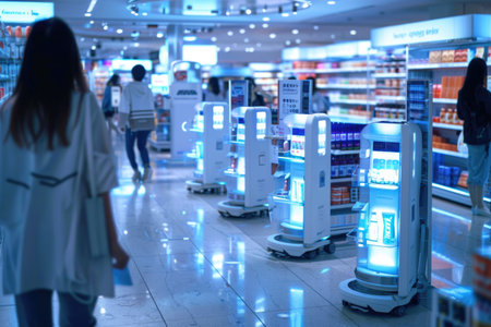 Modern grocery store with autonomous shopping robots and futuristic ambiance AIの素材