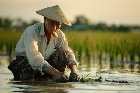 Elderly Asian farmer transplanting rice seedlings at sunrise, straw hat dripping with water AIの素材