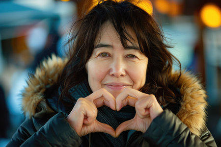Middle-aged Asian woman making heart shape with fingers, fur-trimmed coat, winter setting AIの素材
