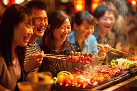 Vibrant scene of Asian friends at a barbecue, a blend of culinary tradition and social bonding AIの素材