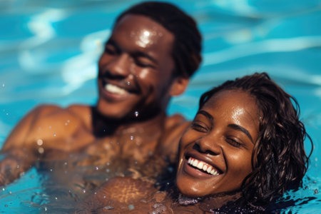 Radiant African American couple sharing a joyful moment in the sparkling pool waters AIの素材
