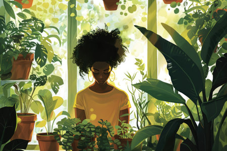 Serene atmosphere as woman in yellow shirt tends to plants in sunlit room AIの素材