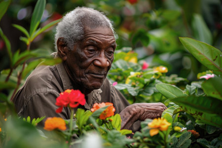 Elderly man with contemplative gaze tending to garden blooms AIの素材