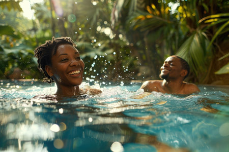 Cheerful black woman enjoying a playful swim with her partner in a tropical pool setting AIの素材