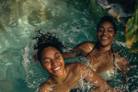 Two joyful African American women sharing a cheerful moment in a sparkling pool, surrounded by lush greenery AIの素材