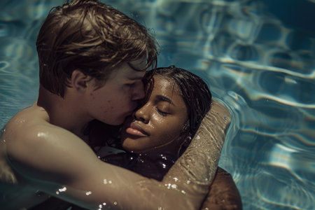 Emotive moment between a young black woman and a man in a pool, a serene and intimate embrace under the water AIの素材