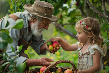 Elderly man handing apple to young girl in orchard, a generational bond over harvest AIの素材