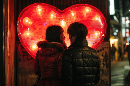 Couple's Silhouette Against Neon Heart in Urban Night, Symbolizing Romance and Intimacy AIの素材
