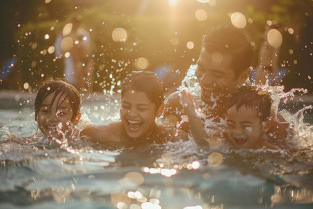 Joyful Family Playtime in Pool with Sparkling Water Drops at Sunset AIの素材