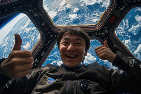 Cheerful astronaut in a spacecraft with thumbs up signifying success and happiness AIの素材