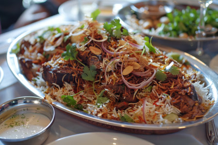 Close-up of Lamb Biryani in Ornate Metal Dish Garnished with Almonds and Fresh Herbs AIの素材