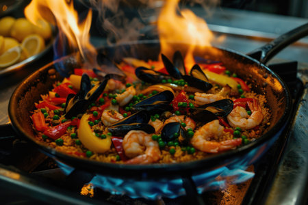 Seafood paella in a large pan with prawns, mussels, and lemon wedges AIの素材