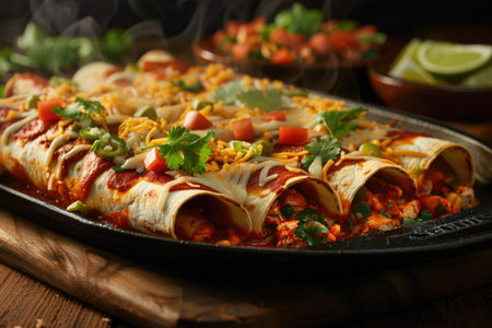 Steaming Enchiladas Verdes with Melting Cheese and Fresh Herbs on Skillet AIの素材
