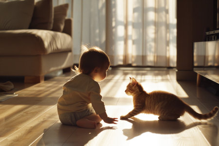 Toddler and Kitten Enjoying a Quiet Moment Together in Sunlit Room AIの素材