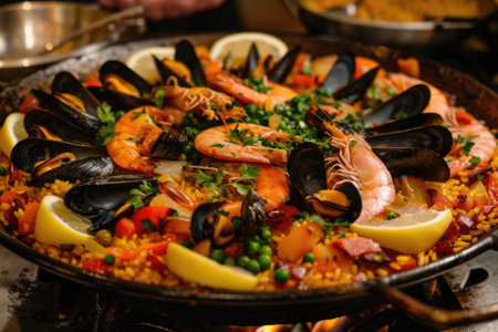 Seafood paella in a large pan with prawns, mussels, and lemon wedges AIの素材