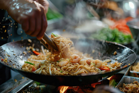Chef Stir-frying Noodles with Shrimp and Vegetables in a Wok Over High Flame AIの素材
