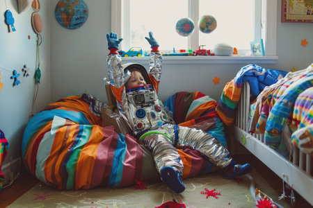 Joyful Child in Astronaut Costume Playing with Space Toys in Bedroom AIの素材