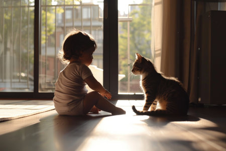 Toddler and Kitten Enjoying a Quiet Moment Together in Sunlit Room AIの素材