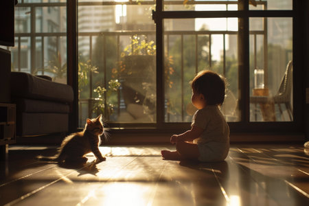 Toddler and Kitten Enjoying a Quiet Moment Together in Sunlit Room AIの素材