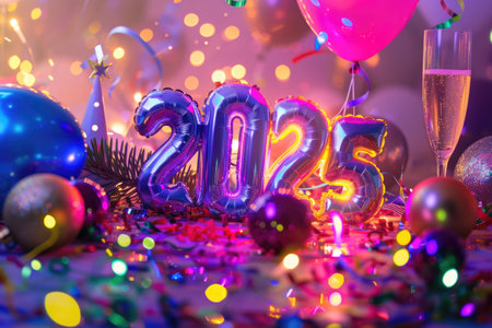 Vibrant New Year 2025 celebration with balloons, confetti, and festive decorations AIの素材