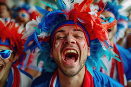 Overjoyed fan with vibrant feathers and face paint at a sports event, representing passion and team spirit AIの素材