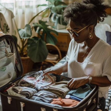 Pensive woman packing suitcase, contemplating the journey ahead with a mix of hope and anticipation AIの素材