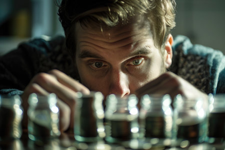 Intense portrait of a man strategizing over a chessboard, his face partially illuminated, highlighting concentration and challenge. A.I.の素材