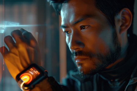 Thoughtful man with futuristic holographic interface projected from his smartwatch, conceptualizing high-tech wearable technology. A.I.の素材
