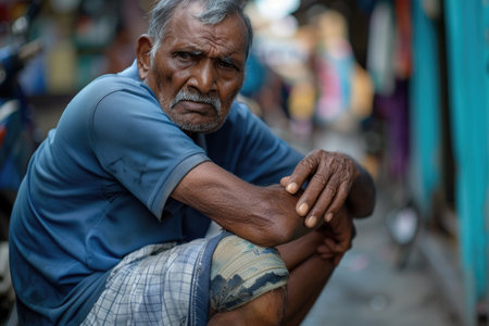 Elderly man sitting outdoors with a contemplative gaze, reflecting life's complexity amidst an urban backdrop. A.I.の素材