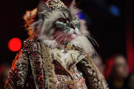 Glamorous Fashion Cat in Ornate Costume Attending Event, Elegance and Haute Couture Concept AIの素材