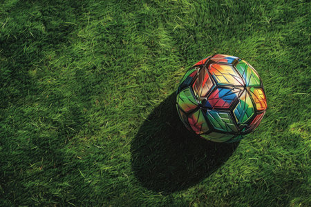 A multi-colored soccer ball casts a soft shadow on the textured grass during a sunset, evoking the joy of sports AIの素材