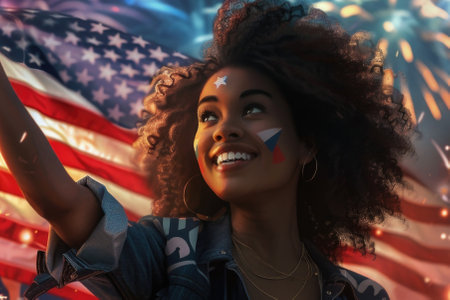 Cheerful African American Woman Holding American Flag with Sparkling Fireworks in Background AIの素材