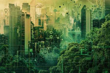 Conceptual eco-friendly city blend with natural elements and futuristic technology AIの素材