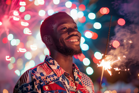Exuberant man in American flag attire enjoying Fourth of July fireworks with a sparkler AIの素材