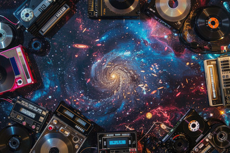 Vintage and modern audio equipment arrayed amidst a vibrant cosmic background with galaxies and stars AIの素材