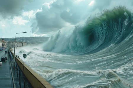 Gigantic wave looming over a beachfront, stormy skies threatening surfers and beachgoers AIの素材