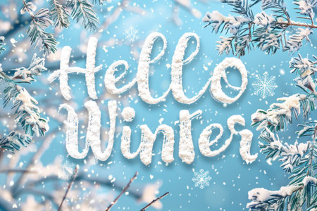 Wintry Charm of Hello Winter in Icy Blue Letters Encased in Snowflakes AIの素材