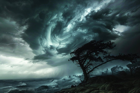 Majestic Supercell Storm with Lightning Bolts Above Rural Countryside, Nature's Fury on Display AIの素材