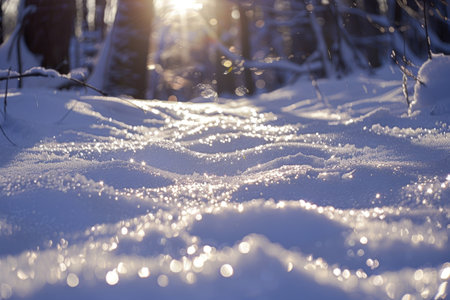 Sparkling Snow Cover on a Sunny Winter Day with Light Reflecting on the Surface AIの素材