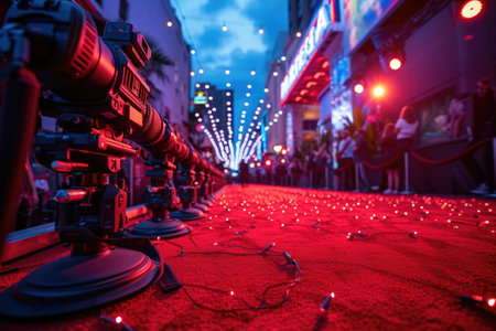 A vibrant red carpet event captured with multiple cameras under atmospheric red lighting, creating a dynamic and cinematic feel amidst an urban setting. A.I.の素材