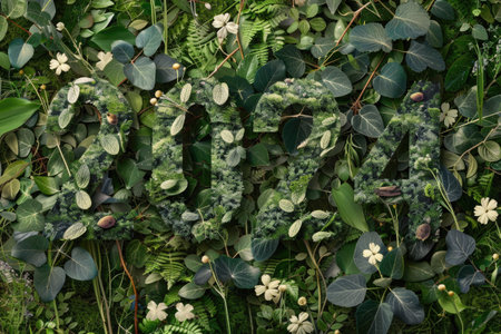 Eco-friendly 2024 text covered in rich foliage with diverse plant species, symbolizing growth and sustainability AIの素材