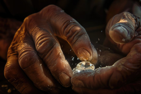 Close-up of hands cradling a large shimmering diamond with glowing sparkles and bokeh lights AIの素材