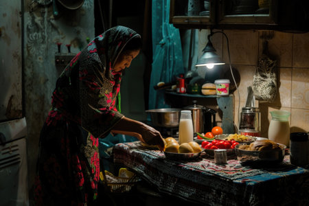 Preparing for Suhoor: Homemaker Sets Table with Bread, Milk, and Fruits in Dimly Lit Kitchen AIの素材