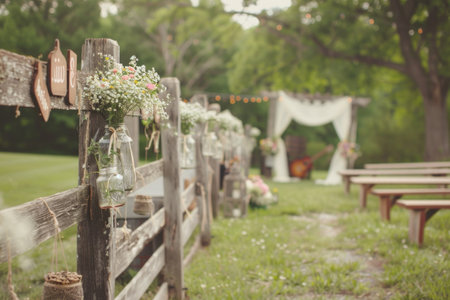 Country-style wedding with wooden arch, mason jar wildflowers, and acoustic music against a wooden fence AIの素材