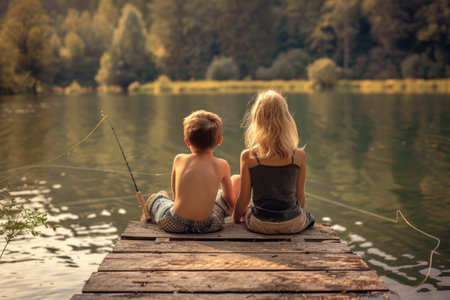 Siblings fishing on a weathered wooden dock, casting lines into a tranquil lake in warm sunlight AIの素材