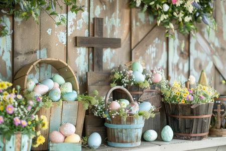 Rustic Easter arrangement with colorful eggs and fresh spring flowers against wood AIの素材