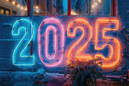 Neon 2025 Sign Glowing Vividly Against a Grungy Urban Wall, Symbolizing the New Year AIの素材