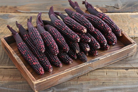 Vibrant Purple Corn Cobs on Wooden Tray in Rustic Setting AIの素材