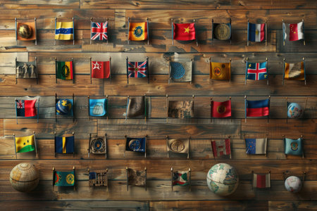 Display of global politics including world maps, flags, and UN symbols on a solid wooden backdrop. A.I.の素材