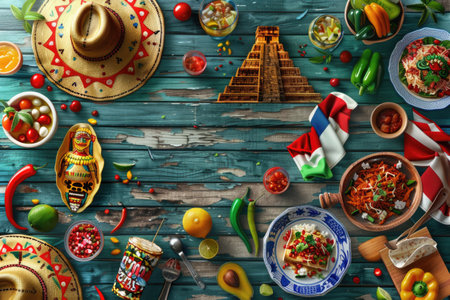 Vibrant display of Mexico Day elements, including landmarks, cuisine, and mariachi on a wooden backdrop. A.I.の素材
